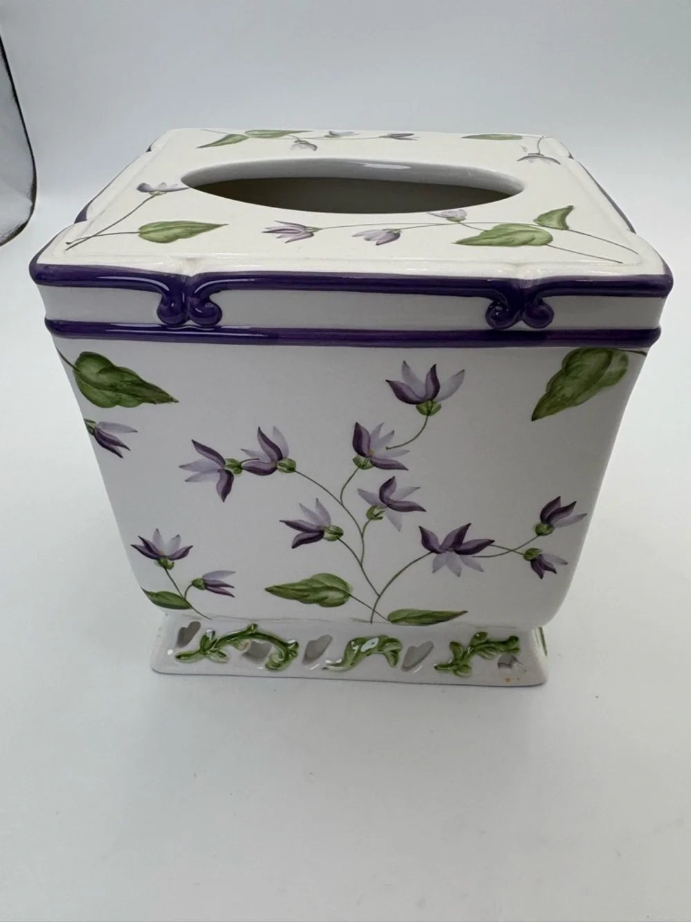 Veratex Violets Floral Ceramic Tissue Box Cover in White with Purple Trim